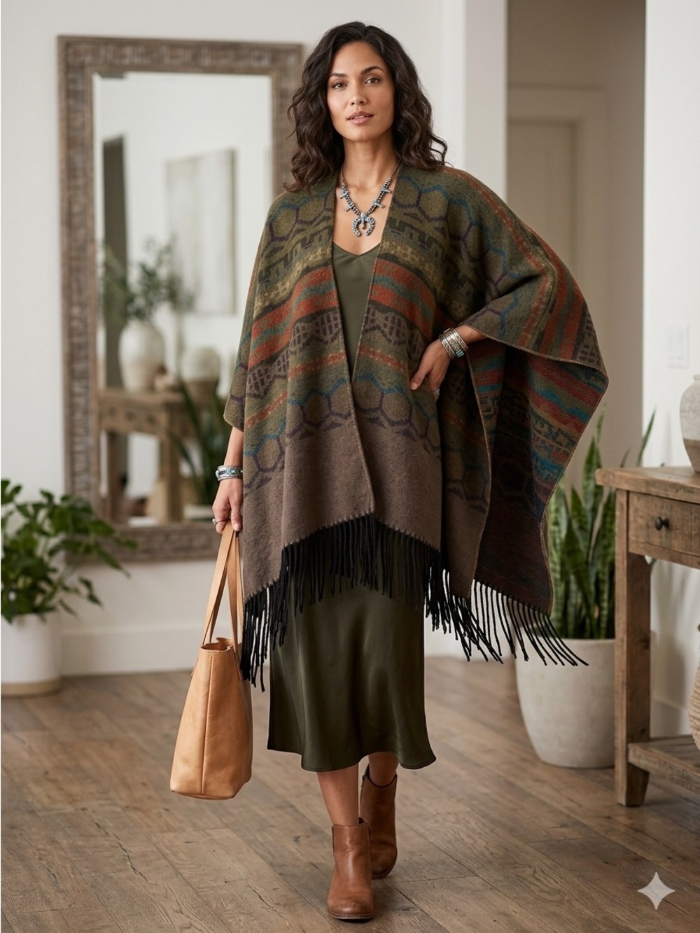 Beautiful 70s/80s Southwestern Geometric Knit Fringe Poncho Cape – Made in Italy